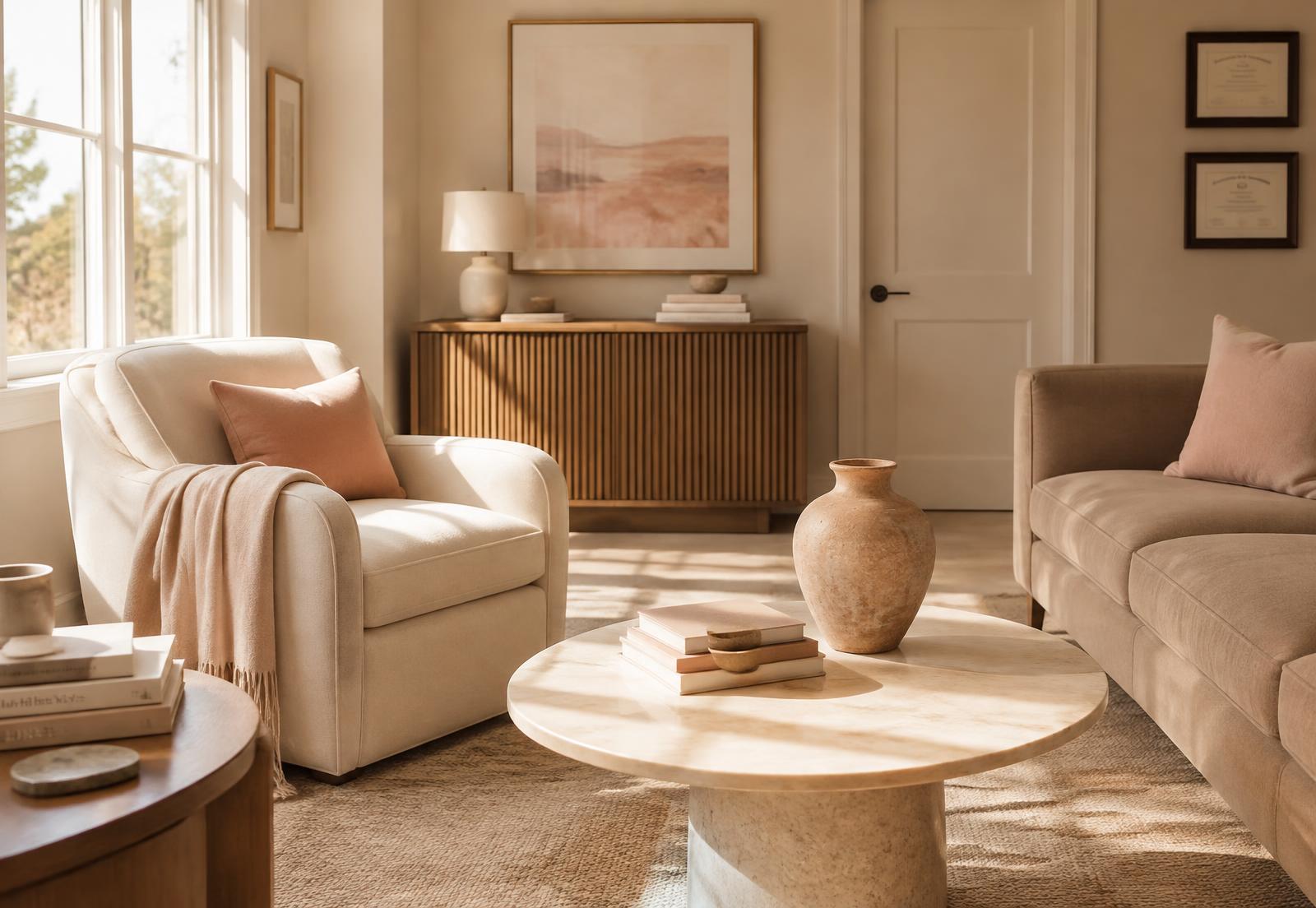 A warm, sunlit counseling office with an ivory armchair