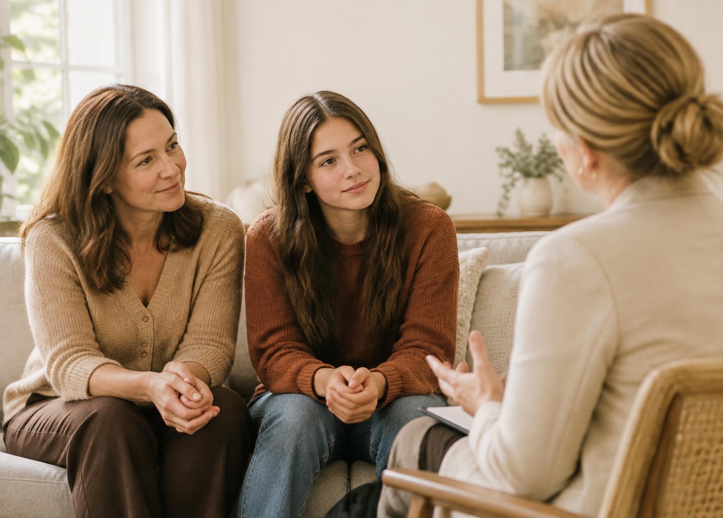 A parent and teen talking with a therapist